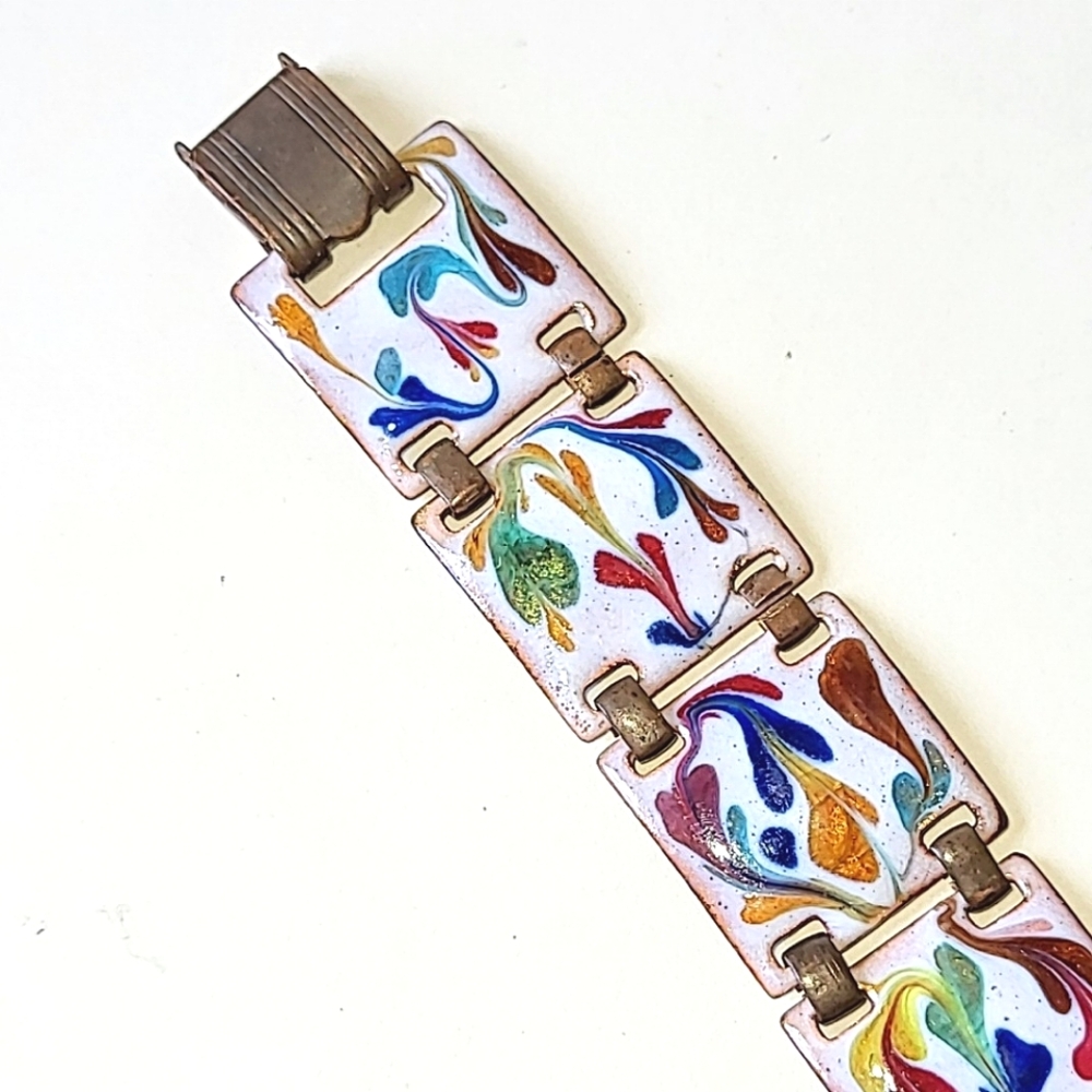 ENAMELED COPPER LINK BRACELET - VINTAGE but VERY SHORT 5 3/4" LENGTH - Picture 3 of 7